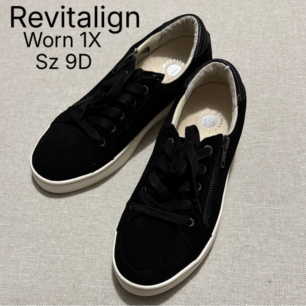 Revitalign Sneakers-Black Suede-Sz 9D-Worn 1X-Tie/Side Zip Detail-Santa Catalina